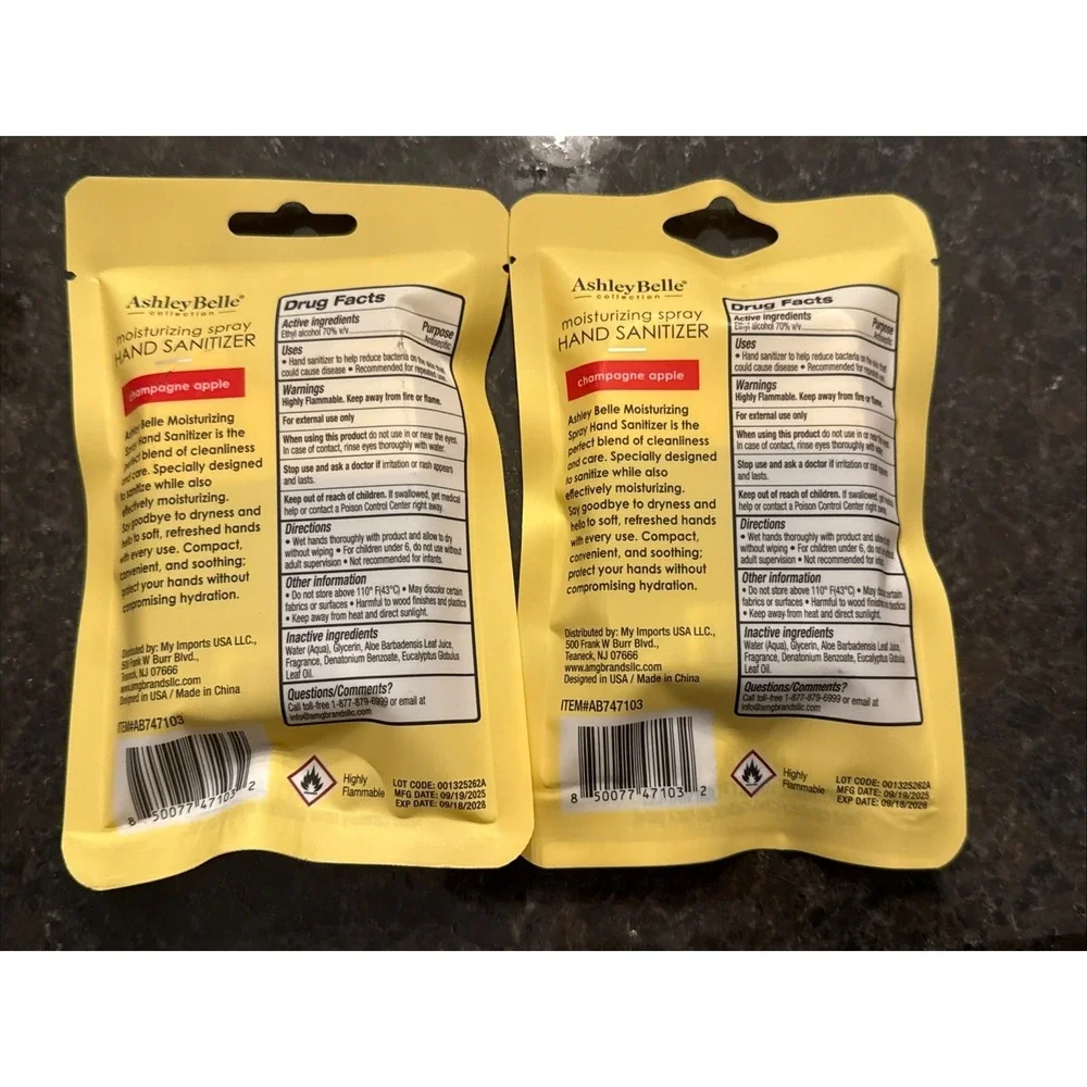 Ashley Belle Hand Sanitizer Spray Champagne Apple Moisturizing 1 Fl Oz x2